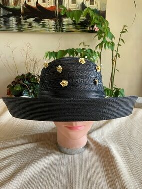 Elegant Black Straw Wide-Brim Hat with Gold Sequined Flower Accents